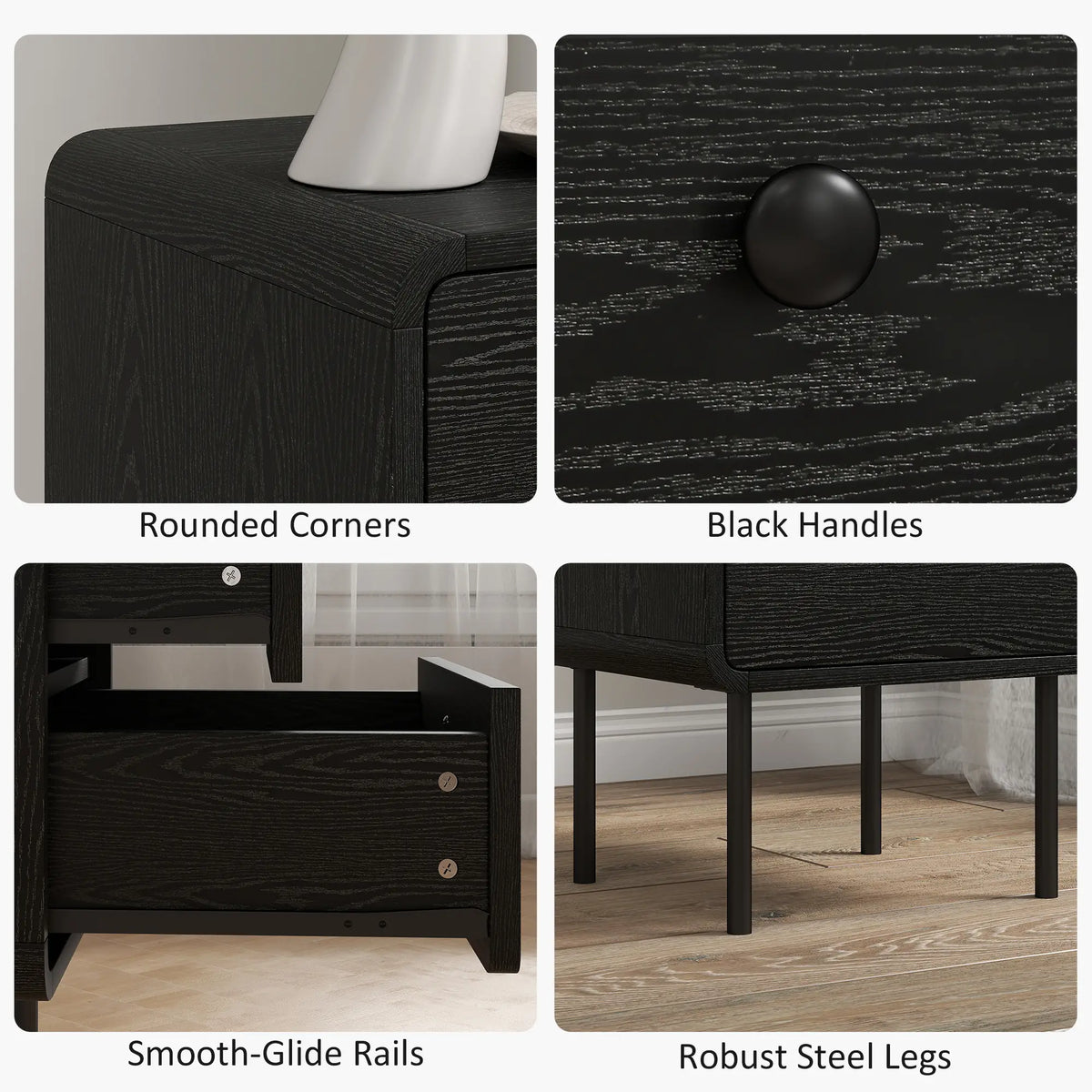 Tables de chevet modernes lot de 2, 2 tiroirs, pieds en acier, grain de bois noir, noir