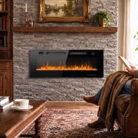 42" Electric Fireplace, Ultra-Thin Recessed, Wall Mounted, Black, Black