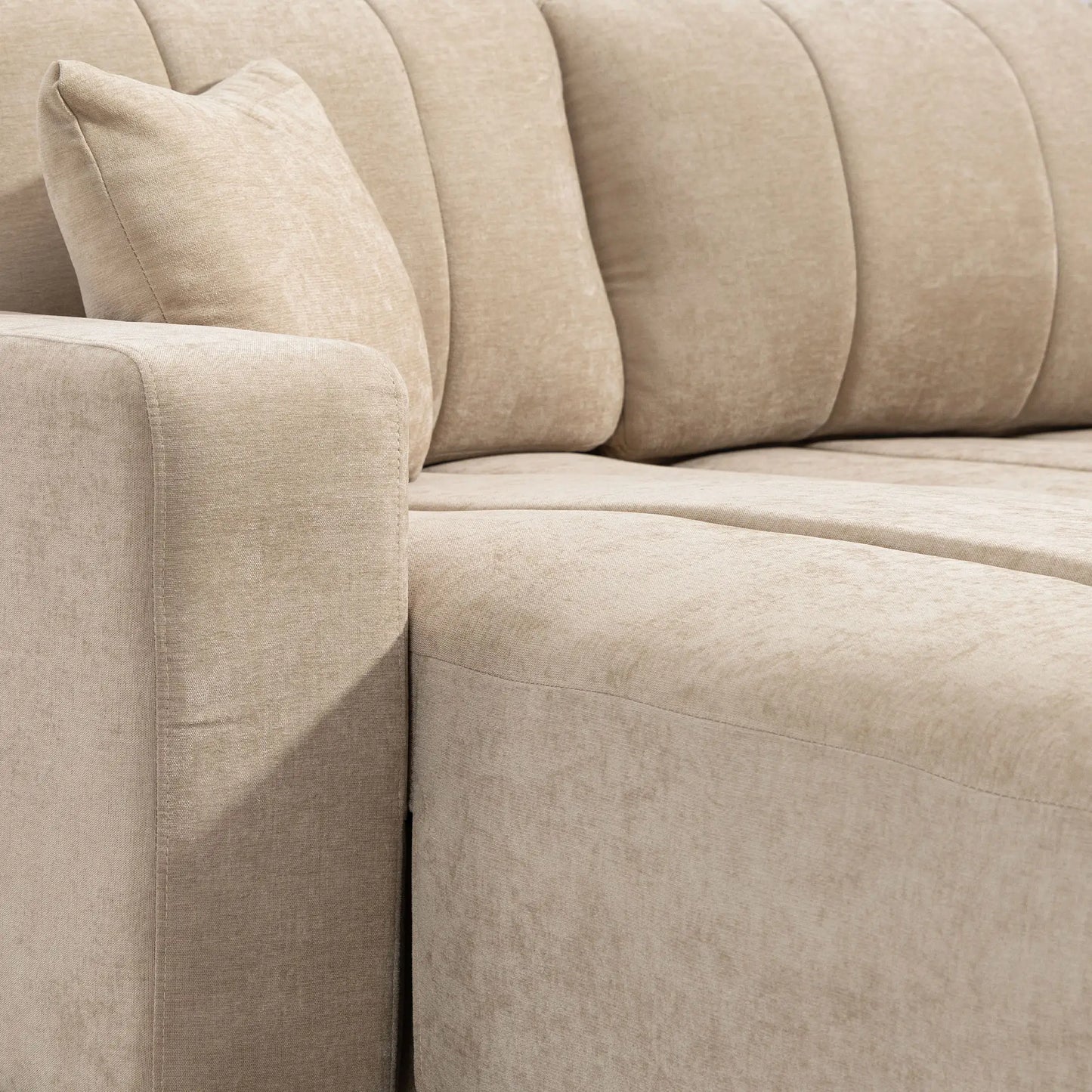 Canapé sectionnel en forme de L 3 places avec méridienne, coussin à ressorts, oreillers, beige
