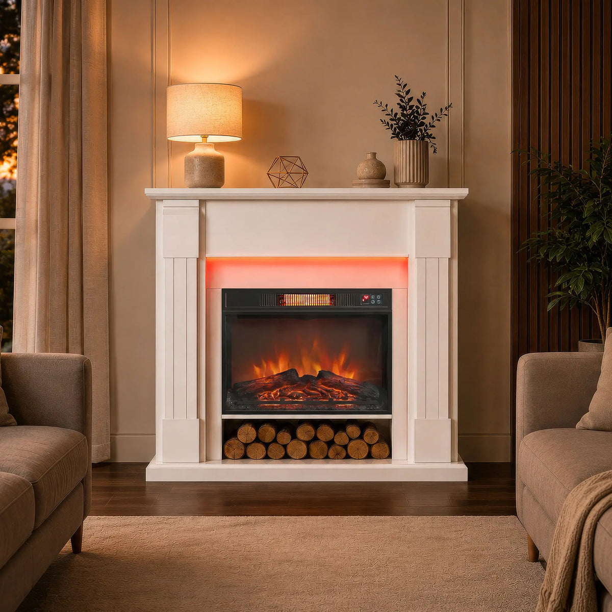 41 Inch Electric Fireplace with Mantel, 1400W Heater, Adjustable 3D Flame, White Electric Fireplaces at Gallery Canada