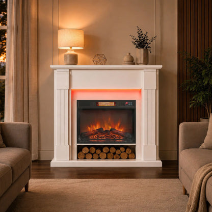 41 Inch Electric Fireplace with Mantel, 1400W Heater, Adjustable 3D Flame, White Electric Fireplaces at Gallery Canada