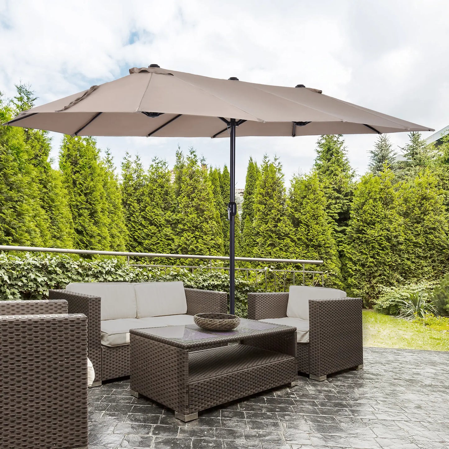 15' Outdoor Patio Umbrella, Twin Canopy Sunshade, Steel Table, Lift Crank, Tan Sun Umbrellas at Gallery Canada