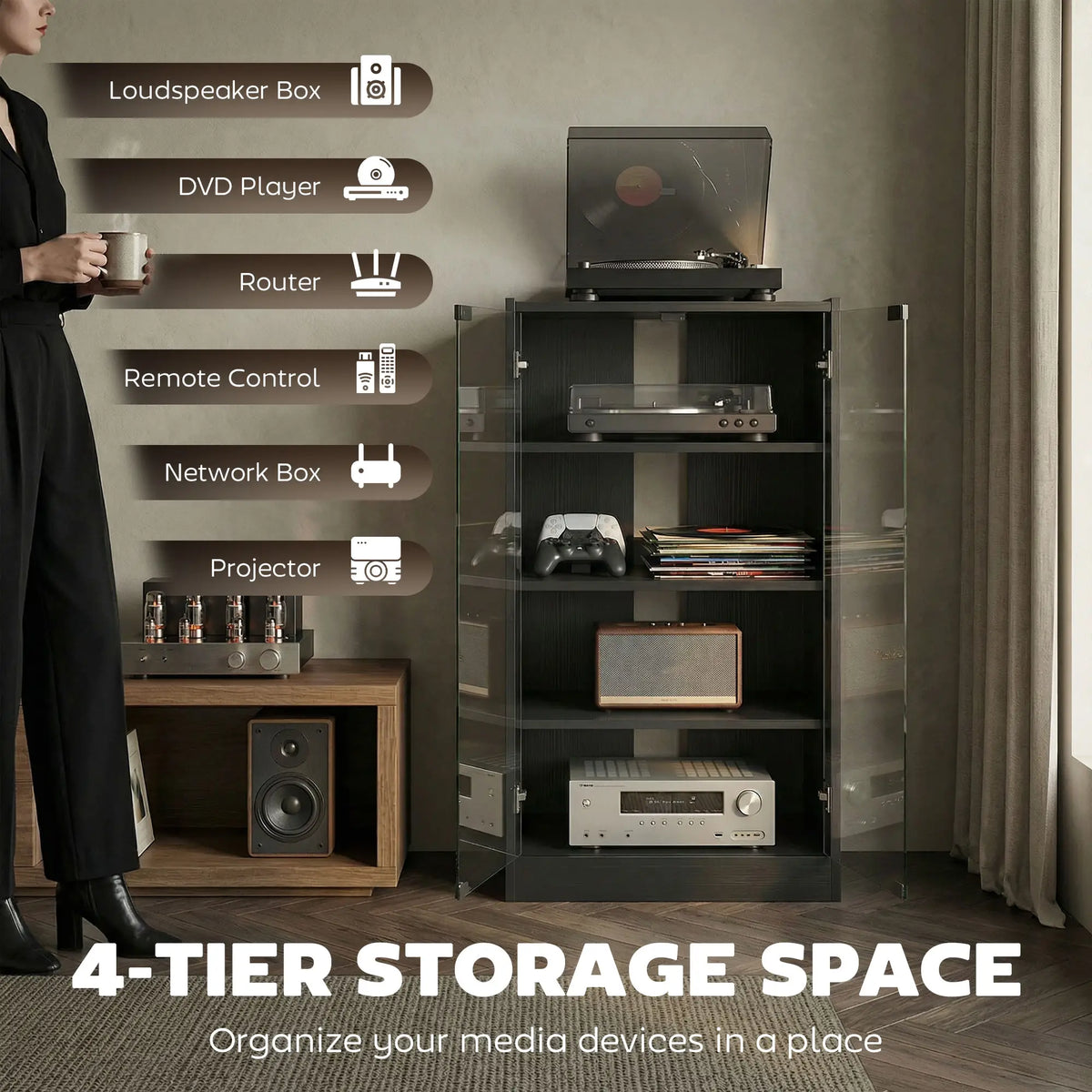 5-Tier AV Media Stand, Push Open Glass Doors, Adjustable Shelves, Distressed, Black Storage Cabinets at Gallery Canada