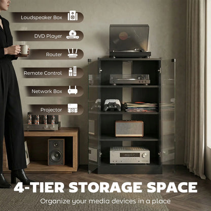 5-Tier AV Media Stand, Push Open Glass Doors, Adjustable Shelves, Distressed, Black Storage Cabinets at Gallery Canada