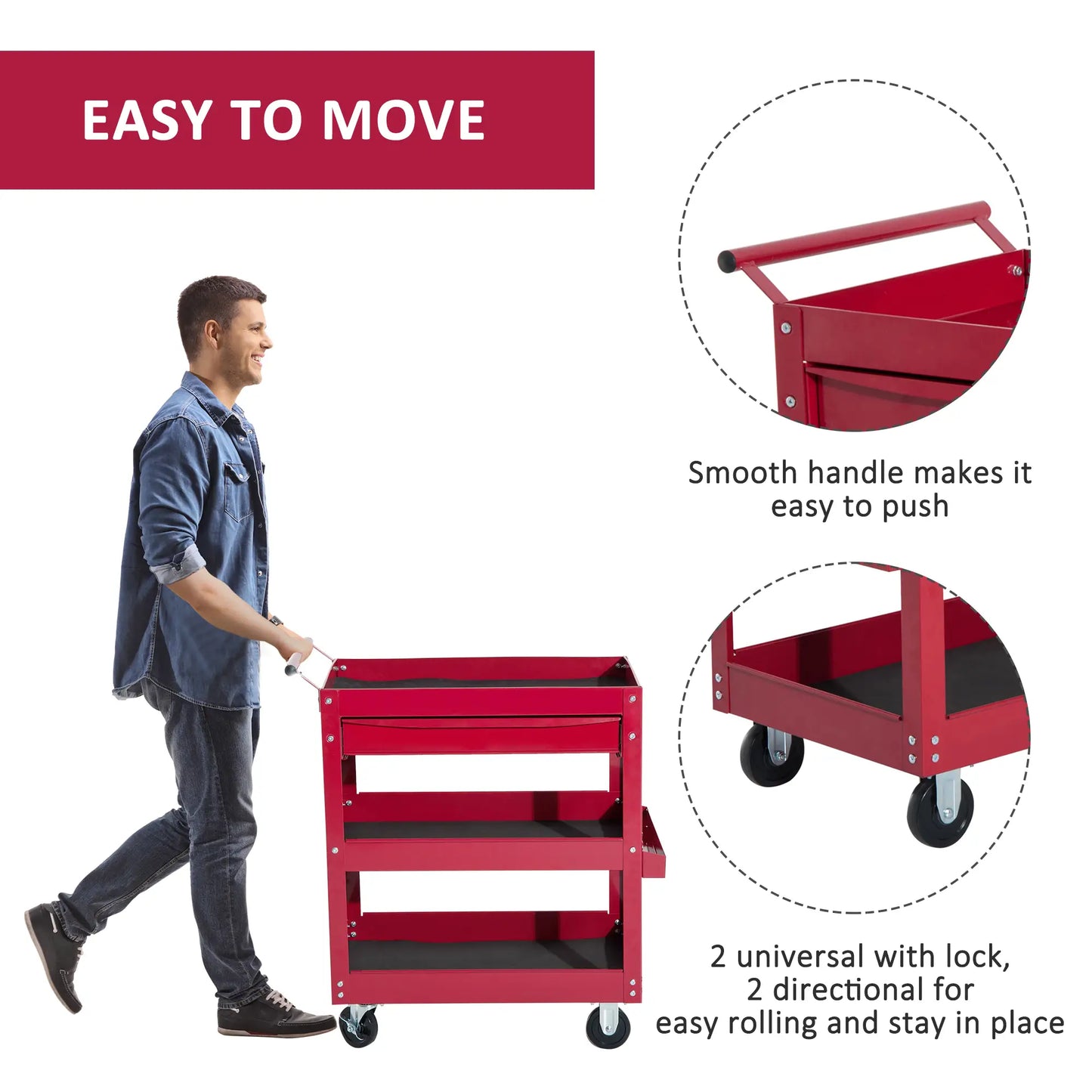 3-Tier Rolling Tool Cart, Drawer and Side Box, 132 LBS Capacity, Red Tool Organizers at Gallery Canada