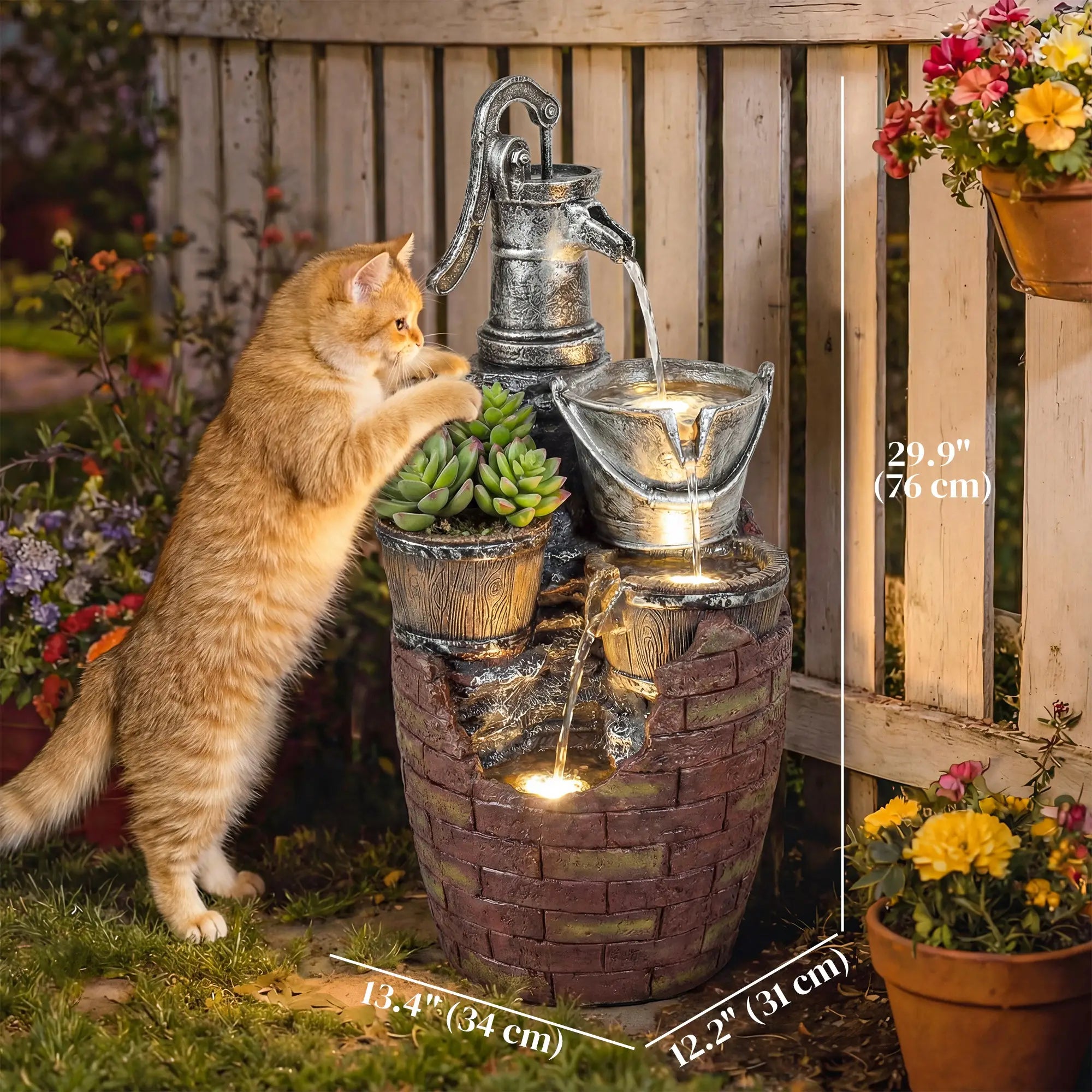 4-Tier Outdoor Fountain With Planter, Cascading Waterfall, LED Lights, Rustic Brown And Grey Water Fountains at Gallery Canada