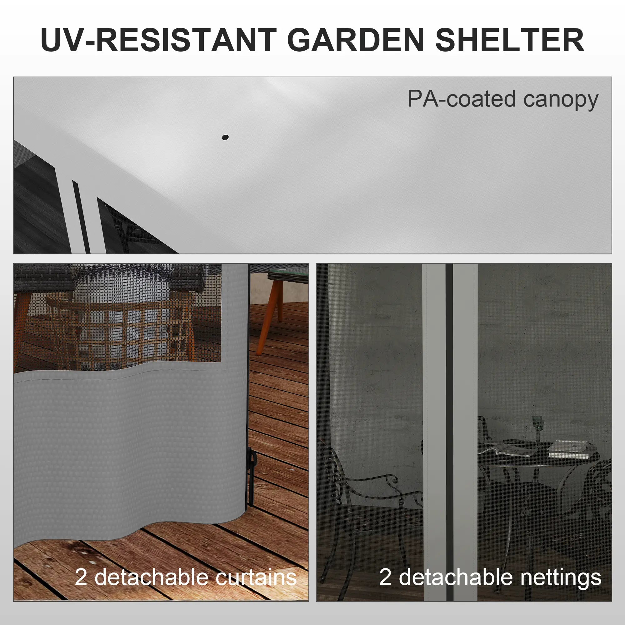 10' x 10' Light Grey Wall Pergola, Outdoor Gazebo with Curtains, Netting, Light Grey Pergolas at Gallery Canada