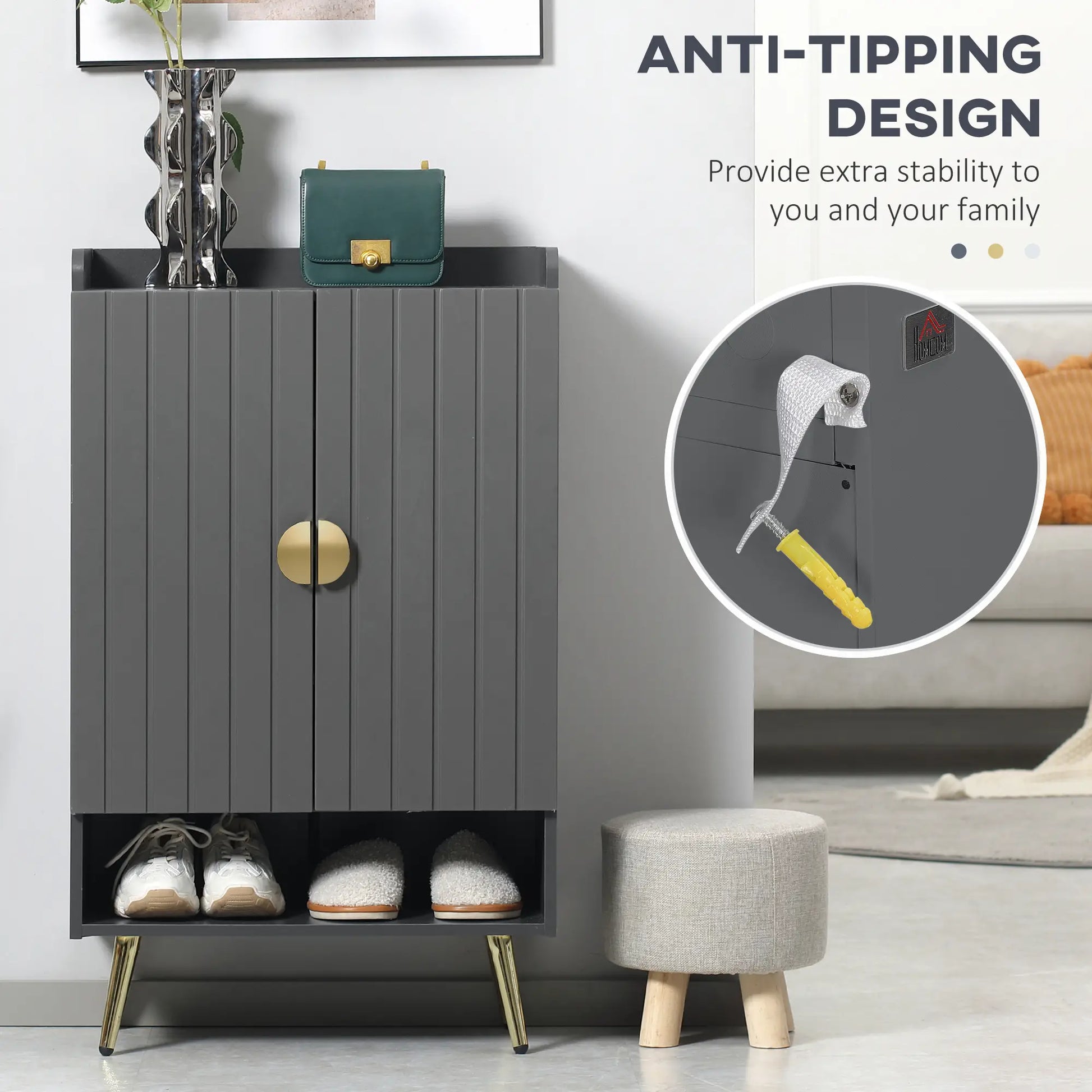 Narrow Shoe Storage Cabinet, Adjustable Shelves, Open Shelf, 15 Pairs, Grey Shoe Storage Cabinets & Racks at Gallery Canada