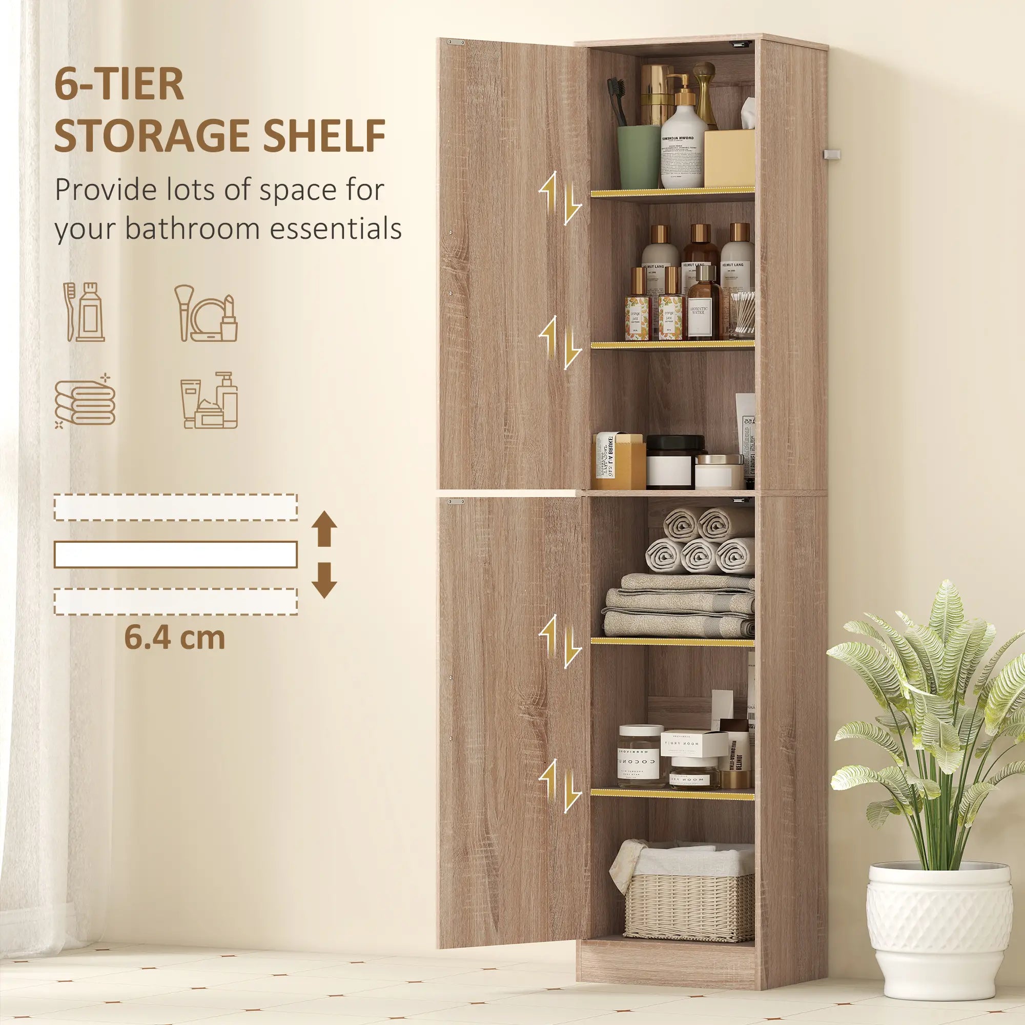 Tall Bathroom Cabinet, Slim 6-Tier Bathroom Floor Cabinet with 2 Doors and 4 Adjustable Shelves, Natural Wood Freestanding Bathroom Cabinets at Gallery Canada