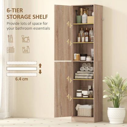 Tall Bathroom Cabinet, Slim 6-Tier Bathroom Floor Cabinet with 2 Doors and 4 Adjustable Shelves, Natural Wood Freestanding Bathroom Cabinets at Gallery Canada