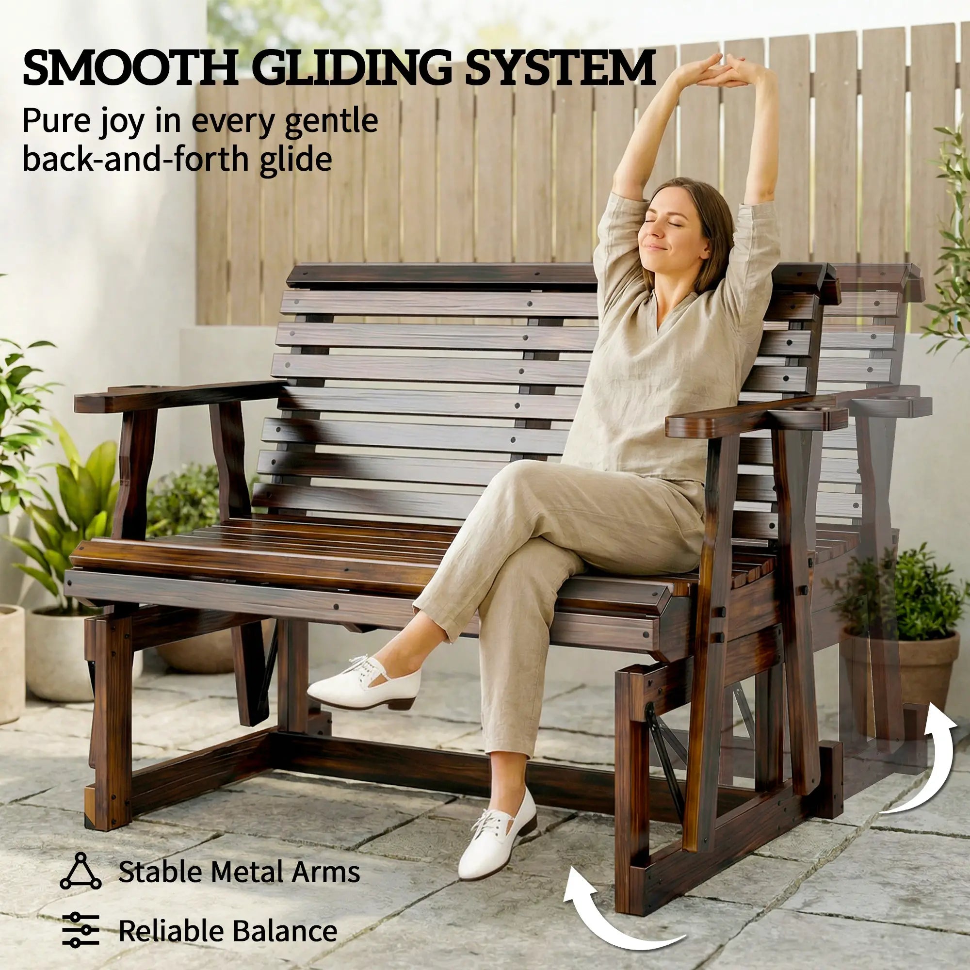 Outdoor Glider Bench, Wooden Glider Chair With 2 Cupholders Outdoor Gliders at Gallery Canada