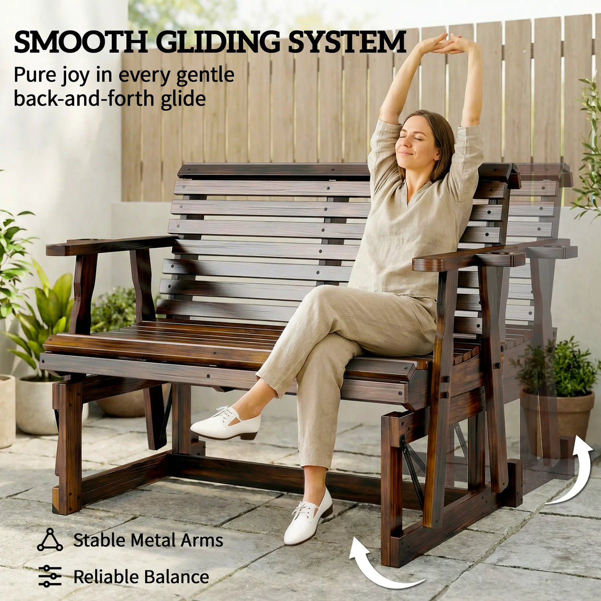 Outdoor Glider Bench, Wooden Glider Chair With 2 Cupholders Outdoor Gliders at Gallery Canada