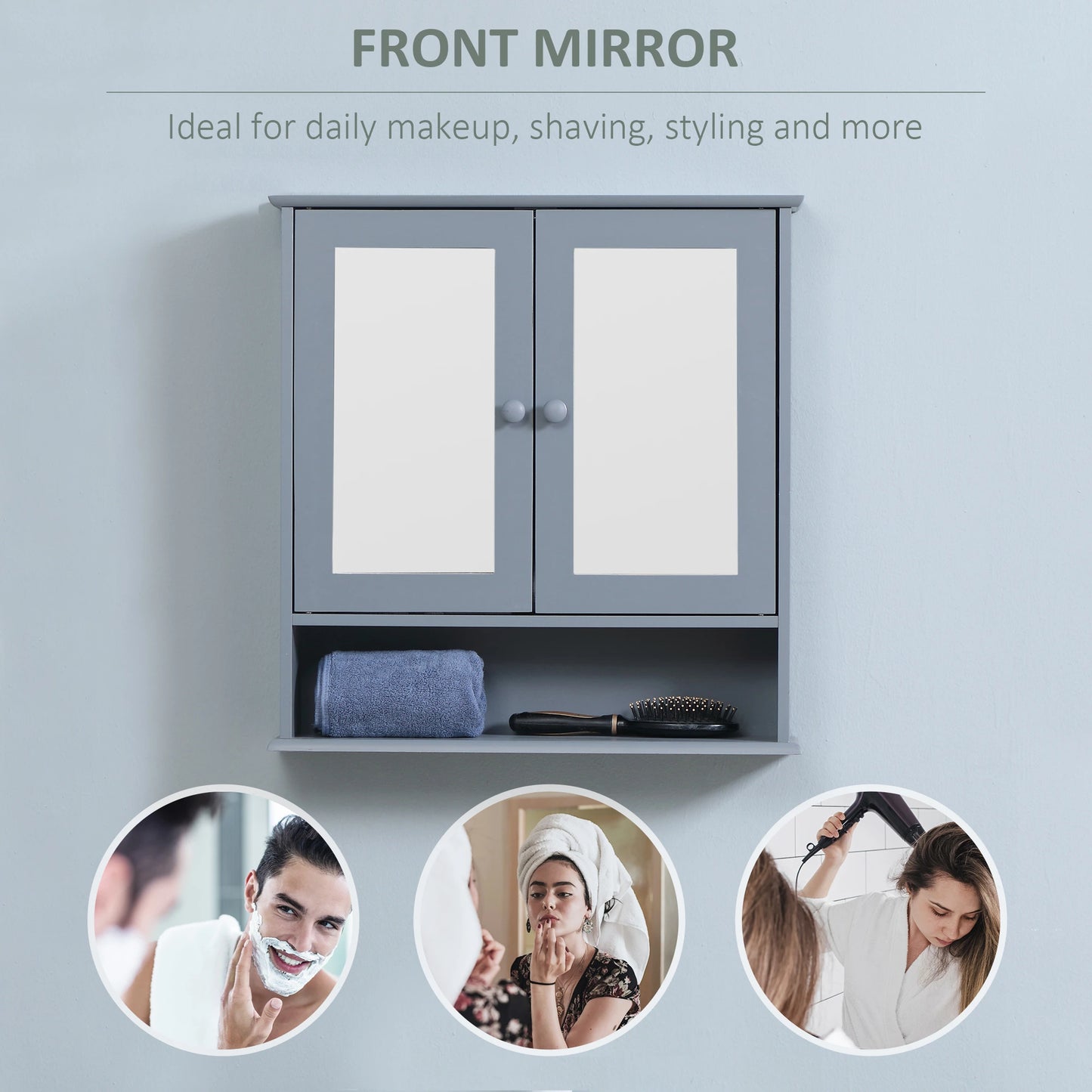 Wall-Mounted Medicine Cabinet, Double Doors, Open Shelf, Adjustable, Grey Mirror Medicine Cabinets at Gallery Canada