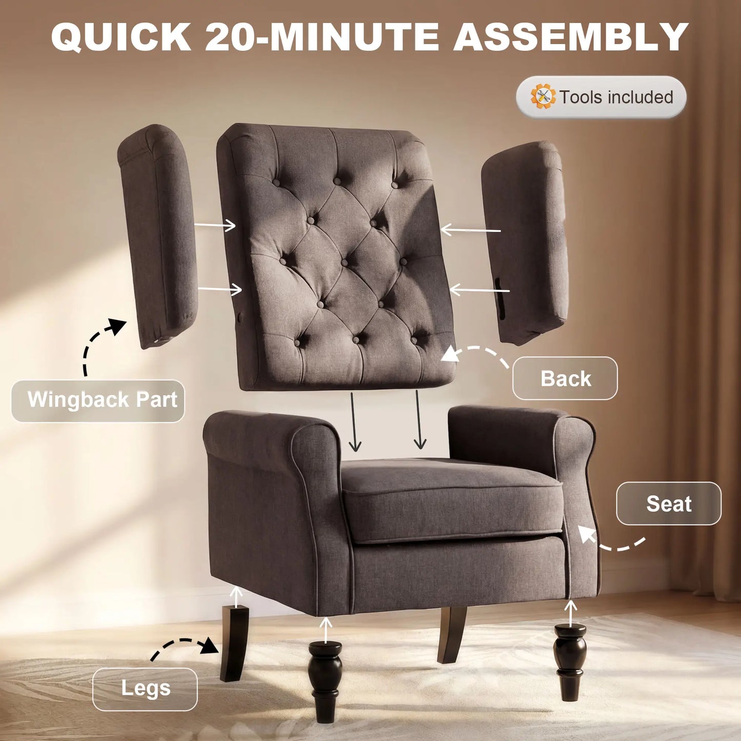 Fabric Accent Chair, Button Tufted Armchair, Wingback, Brown Single Sofas at Gallery Canada