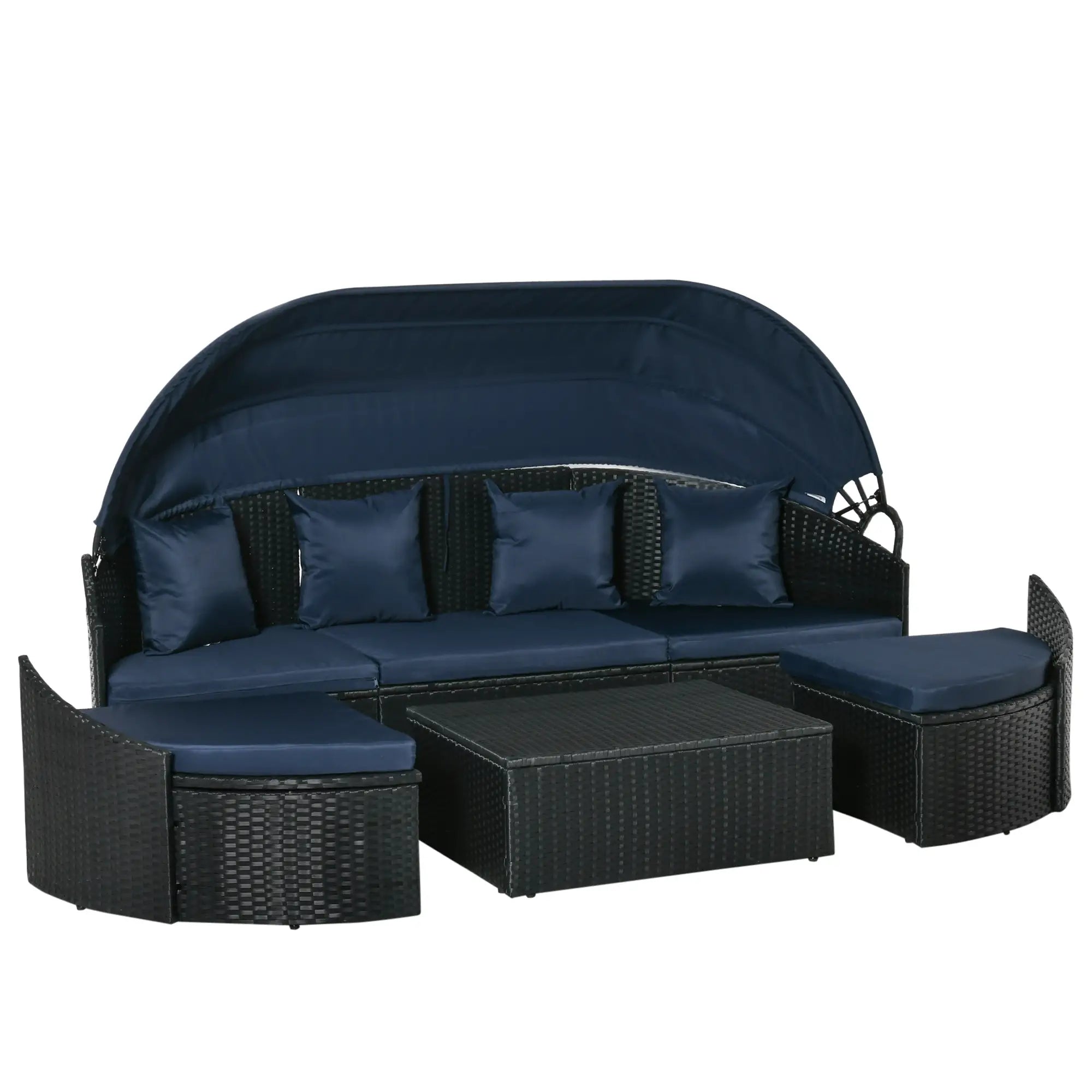 4-Piece PE Wicker Round Daybed, Outdoor Rattan Lounge Set, Dark Blue Daybeds Black Rattan, Dark Blue Cushion at Gallery Canada
