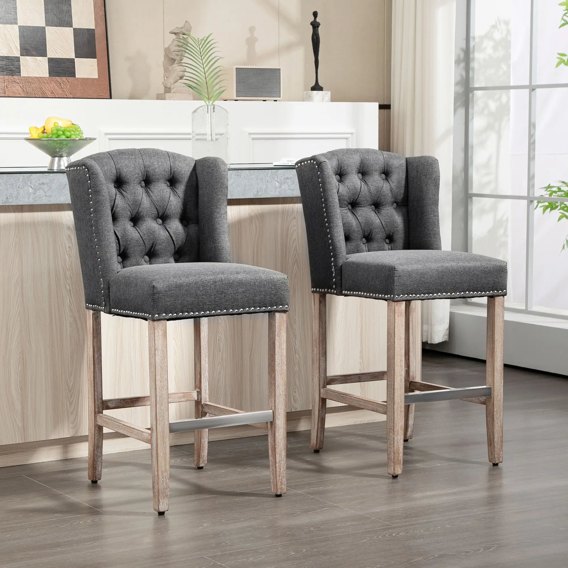 Counter Height Bar Stools Set of 2, Upholstered, Charcoal Grey Bar Stools at Gallery Canada