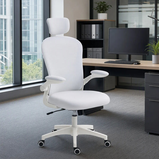 Mesh Office Chair, Adjustable Headrest, 4D Lumbar Support, Flip-Up Arms, White Office Chairs White at Gallery Canada