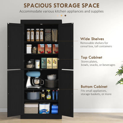 72.5" Freestanding Kitchen Pantry, 4 Doors, Black Kitchen Pantry Cabinets at Gallery Canada
