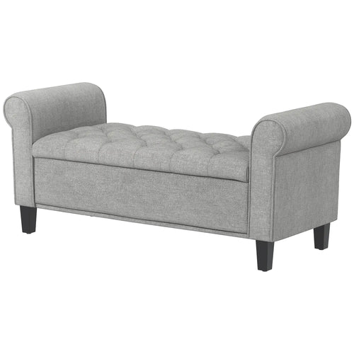 50 Inches Storage Ottoman, Light Grey, Upholstered Bench With Rolled Arms, Light Grey