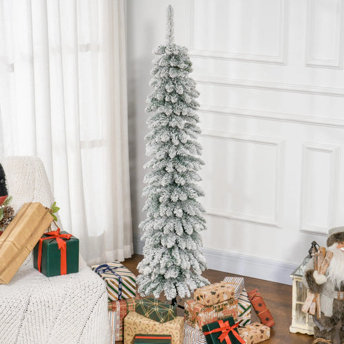 5ft Snow-Flocked Artificial Christmas Tree, Slim Pencil, 301 Branches, Metal Base, Green