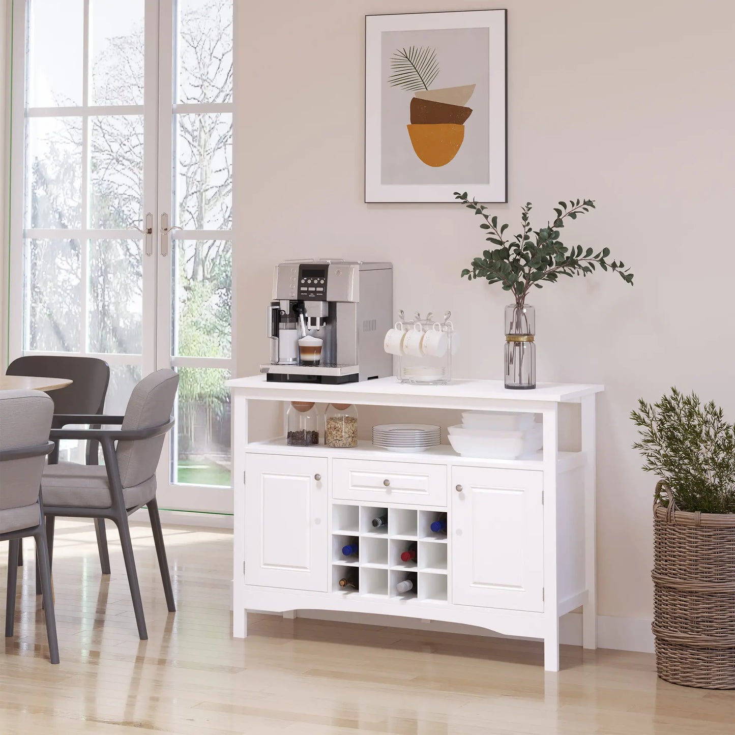 Modern Kitchen Buffet Cabinet, Drawer, 12-Bottle Wine Rack, White