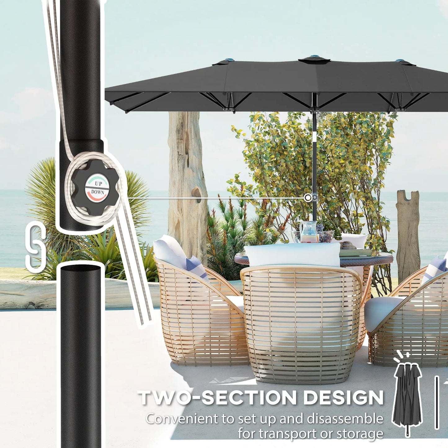 Double-Sided Patio Umbrella With Tilt, Adjustable Height, Vents, 12 Ribs, Grey Double-sided Umbrellas at Gallery Canada