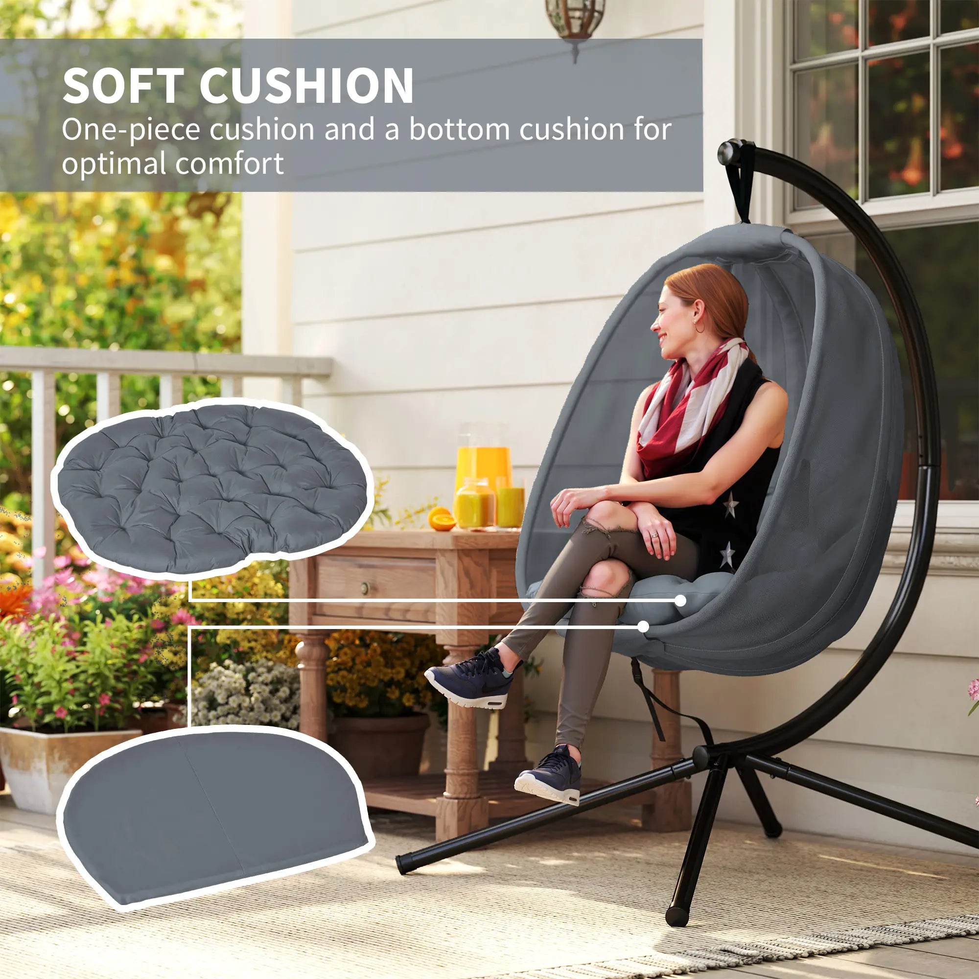 Hanging Egg Chair, Outdoor Swing with Stand, Folding Basket, Grey Patio Swings with Stand at Gallery Canada