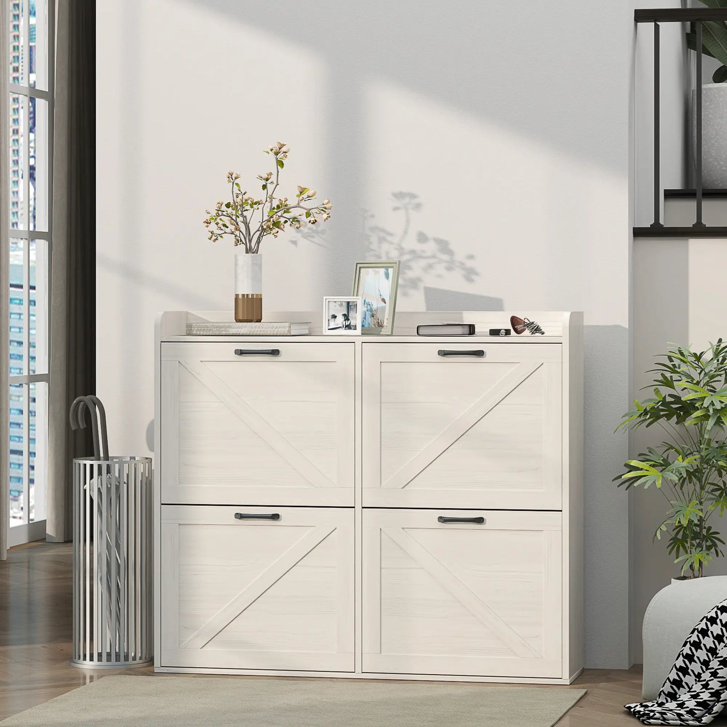 Narrow Shoe Storage Cabinet, 4 Flip Drawers, Adjustable Shelves, 16 Pair, White Oak Shoe Storage Cabinets & Racks at Gallery Canada