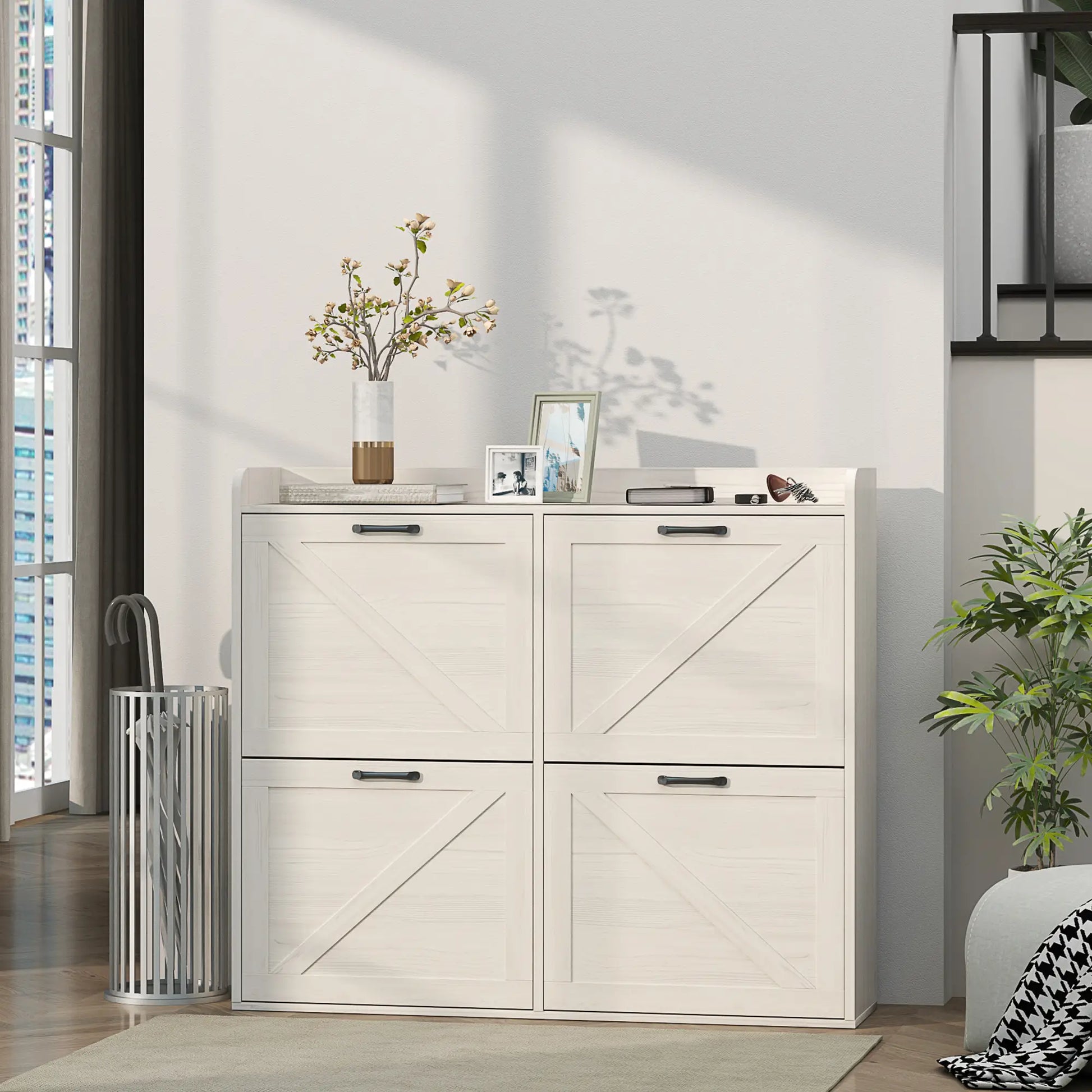 Narrow Shoe Storage Cabinet, 4 Flip Drawers, Adjustable Shelves, 16 Pair, White Oak Shoe Storage Cabinets & Racks at Gallery Canada