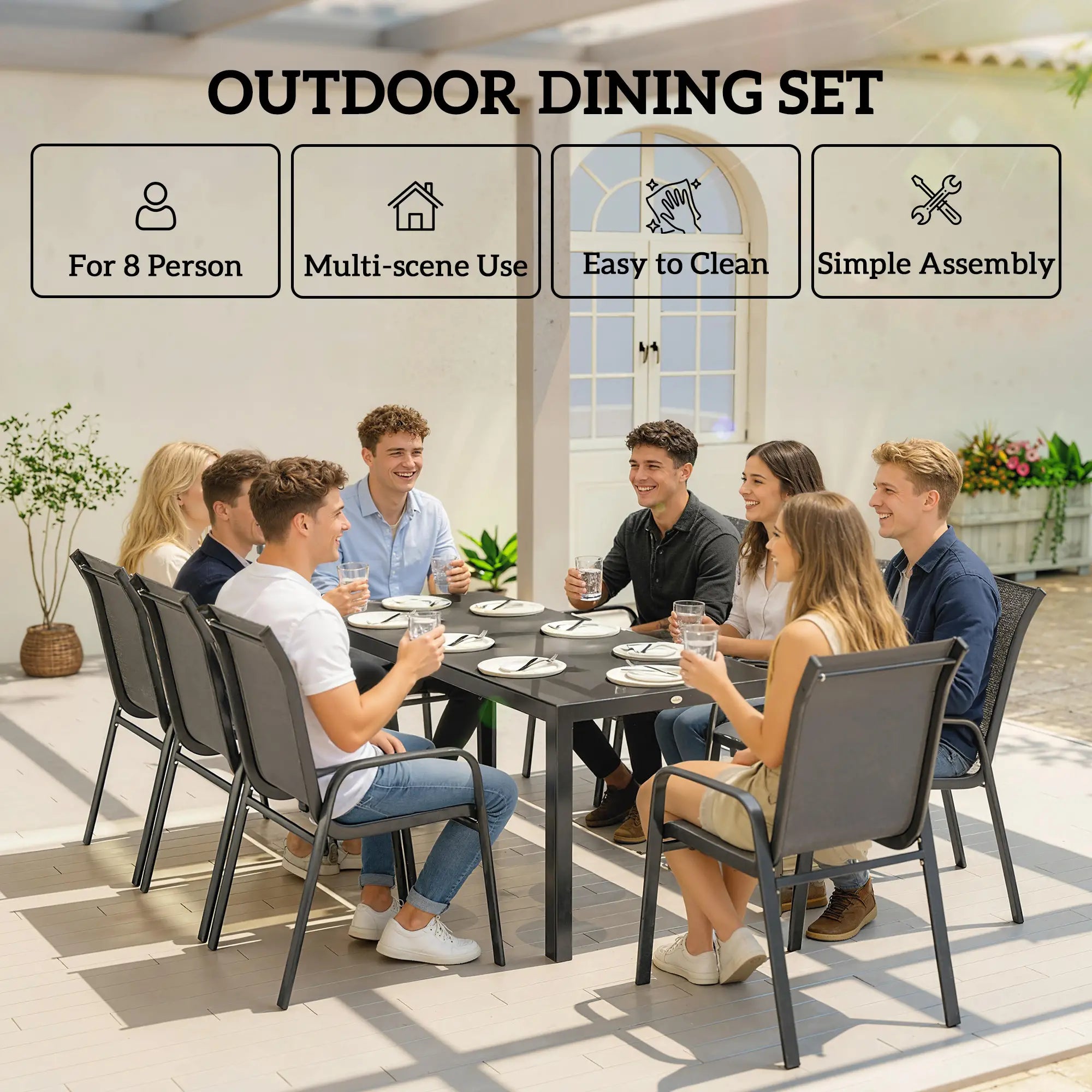 9-Piece Patio Dining Set, Glass Top Table, Stackable Chairs, Dark Grey Outdoor Dining Sets at Gallery Canada