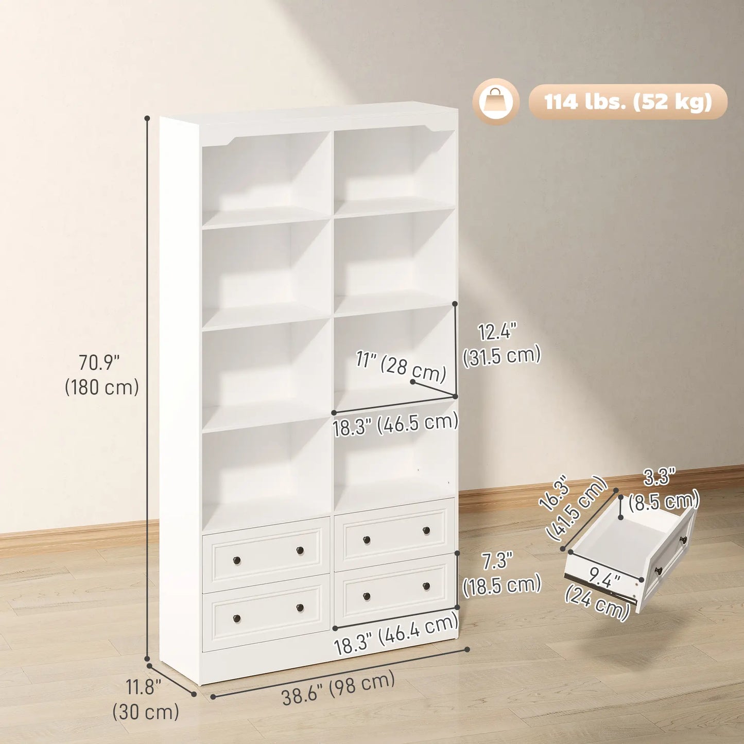 5-Tier Bookcase with 8 Cubbies, 4 Drawers, White Display Bookshelves at Gallery Canada