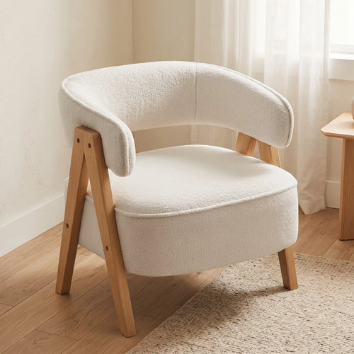 Sherpa Fleece Accent Chair, Upholstered Armchair with Wood Legs, White