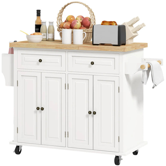 Kitchen Island with Storage, Rolling Cart, Rubber Wood Top, Cream White Kitchen Islands & Kitchen Carts Cream at Gallery Canada