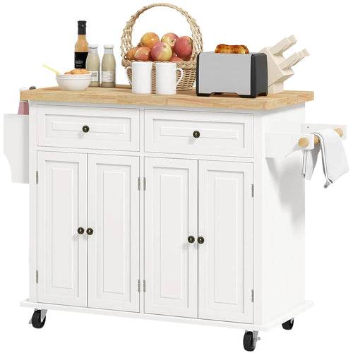 Kitchen Island with Storage, Rolling Cart, Rubber Wood Top, Cream White