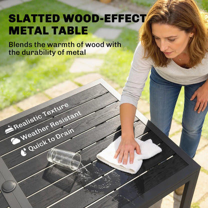 Outdoor Dining Set For 6, Faux Wood Metal Patio Table, Mesh Stackable Chairs, Mixed Grey