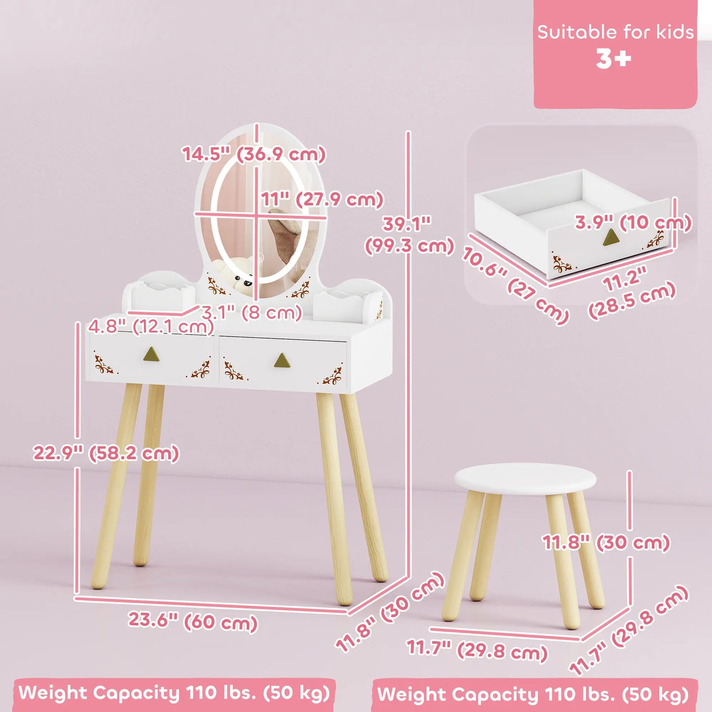 Kids Vanity Set with Mirror, Stool, 3-Color LED Lights, Pink Toy Vanity at Gallery Canada