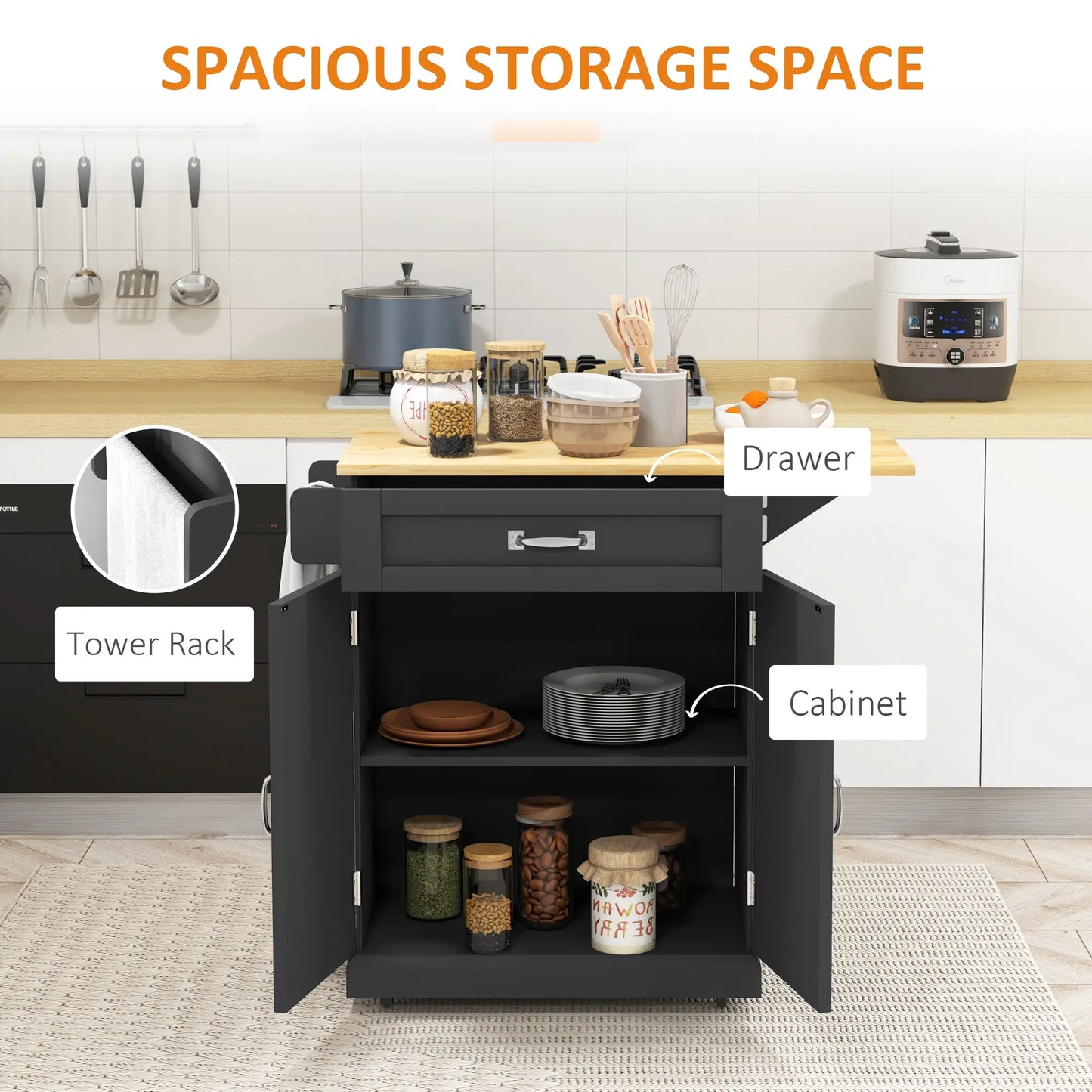 Foldable Kitchen Island with Storage Drawer, Farmhouse Rolling Utility Cart on Wheels with Drop-Leaf Wood Top, Black Kitchen Islands & Kitchen Carts at Gallery Canada