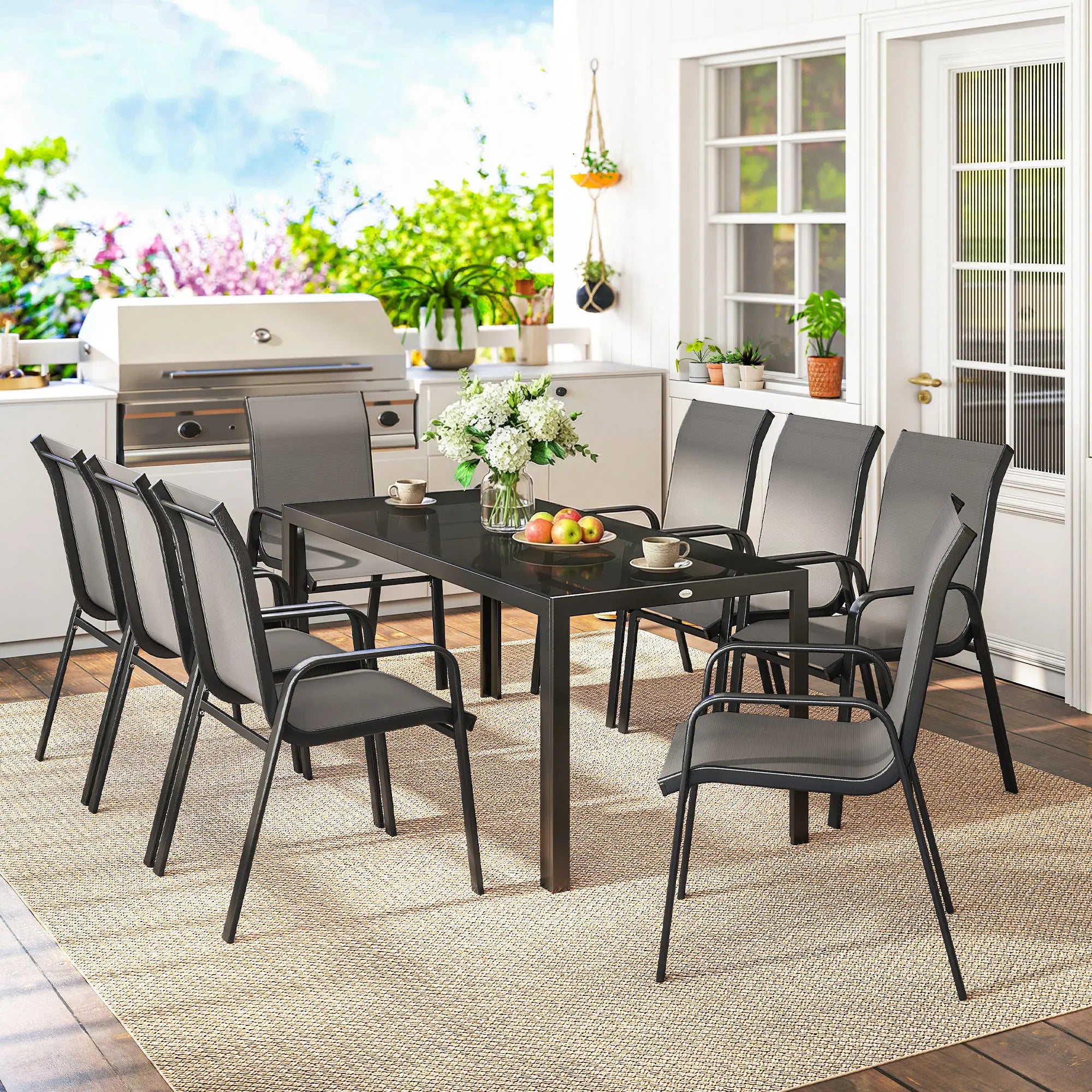 9-Piece Patio Dining Set, Glass Top Table, Stackable Chairs, Dark Grey Outdoor Dining Sets at Gallery Canada
