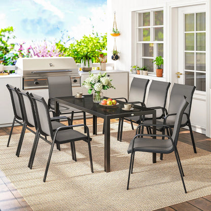 9-Piece Patio Dining Set, Glass Top Table, Stackable Chairs, Dark Grey Outdoor Dining Sets at Gallery Canada