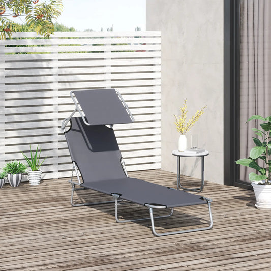 Outdoor Lounge Chair, Adjustable Folding Chaise, Tanning Chair with Shade, Grey Lounger Chairs Grey at Gallery Canada