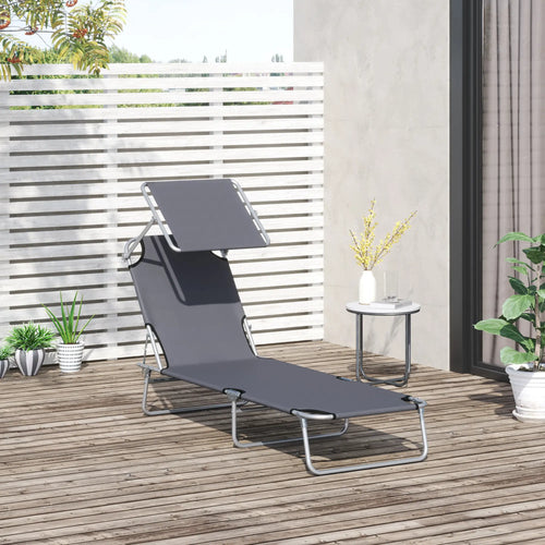 Outdoor Lounge Chair, Adjustable Folding Chaise, Tanning Chair with Shade, Grey