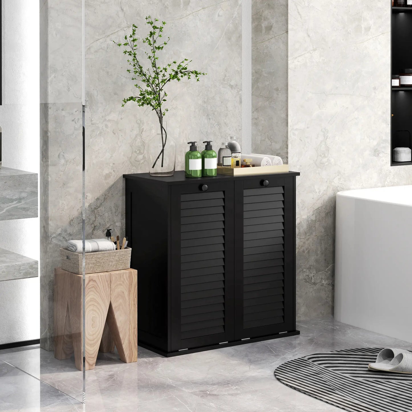 Tilt Out Laundry Cabinet, 2 Baskets, 2 Louvered Doors, Black Bathroom Cabinets at Gallery Canada