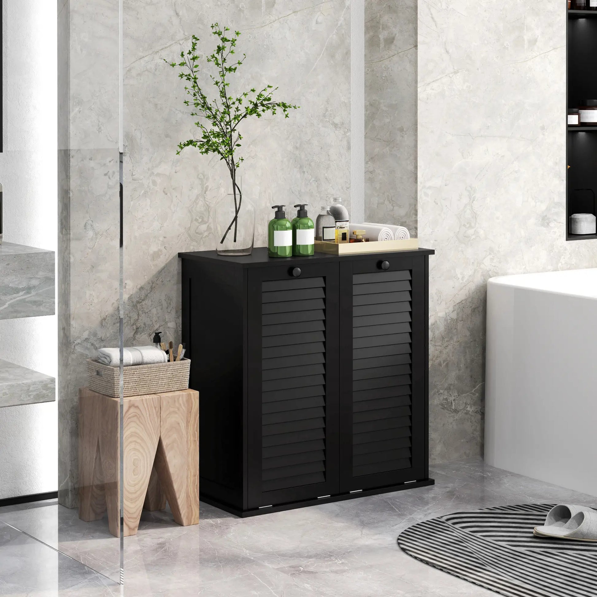Tilt Out Laundry Cabinet, 2 Baskets, 2 Louvered Doors, Black Bathroom Cabinets at Gallery Canada