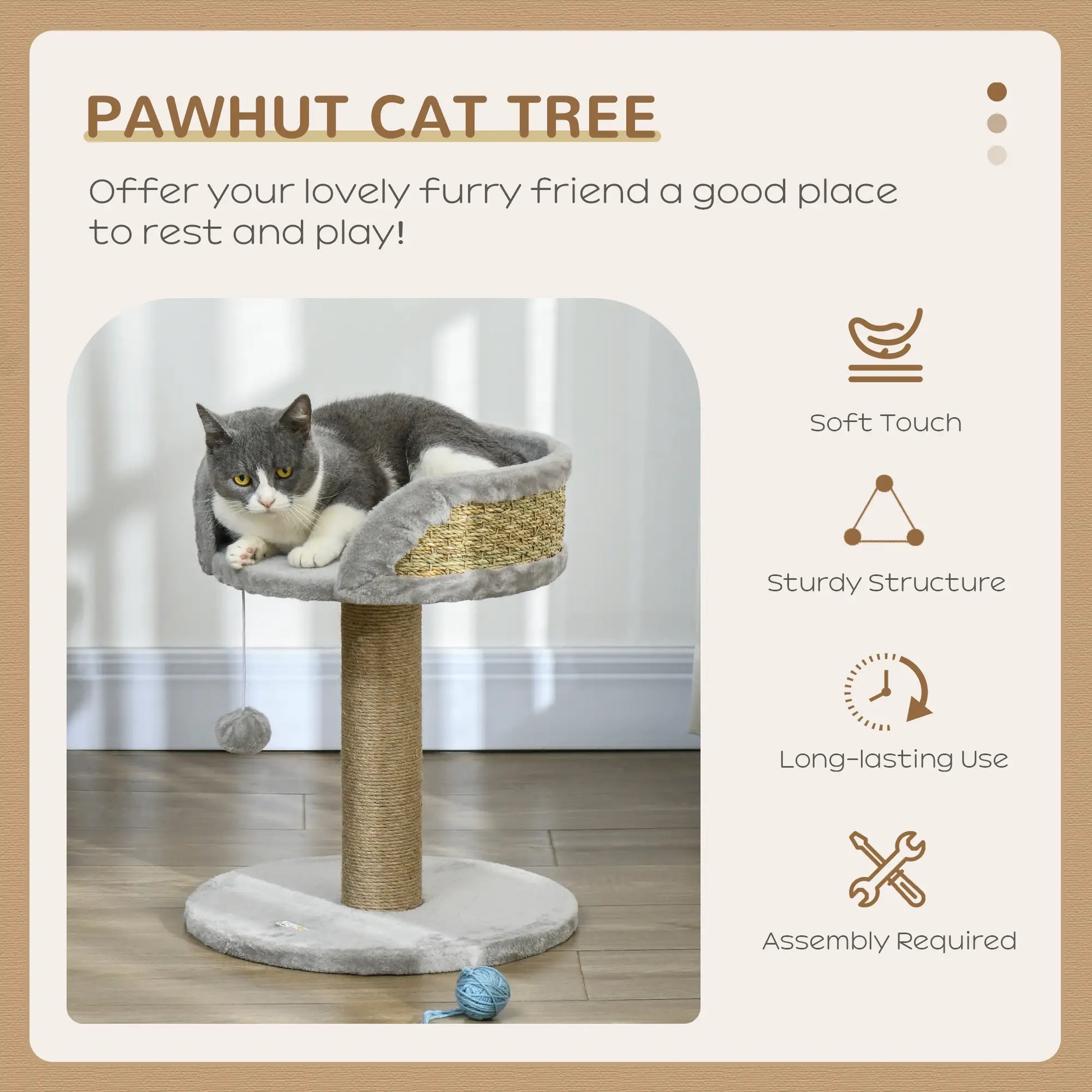 Cat Tree with Scratching Post, Toy Ball, Perch, 16" x 16" x 19", Grey Cat Trees at Gallery Canada