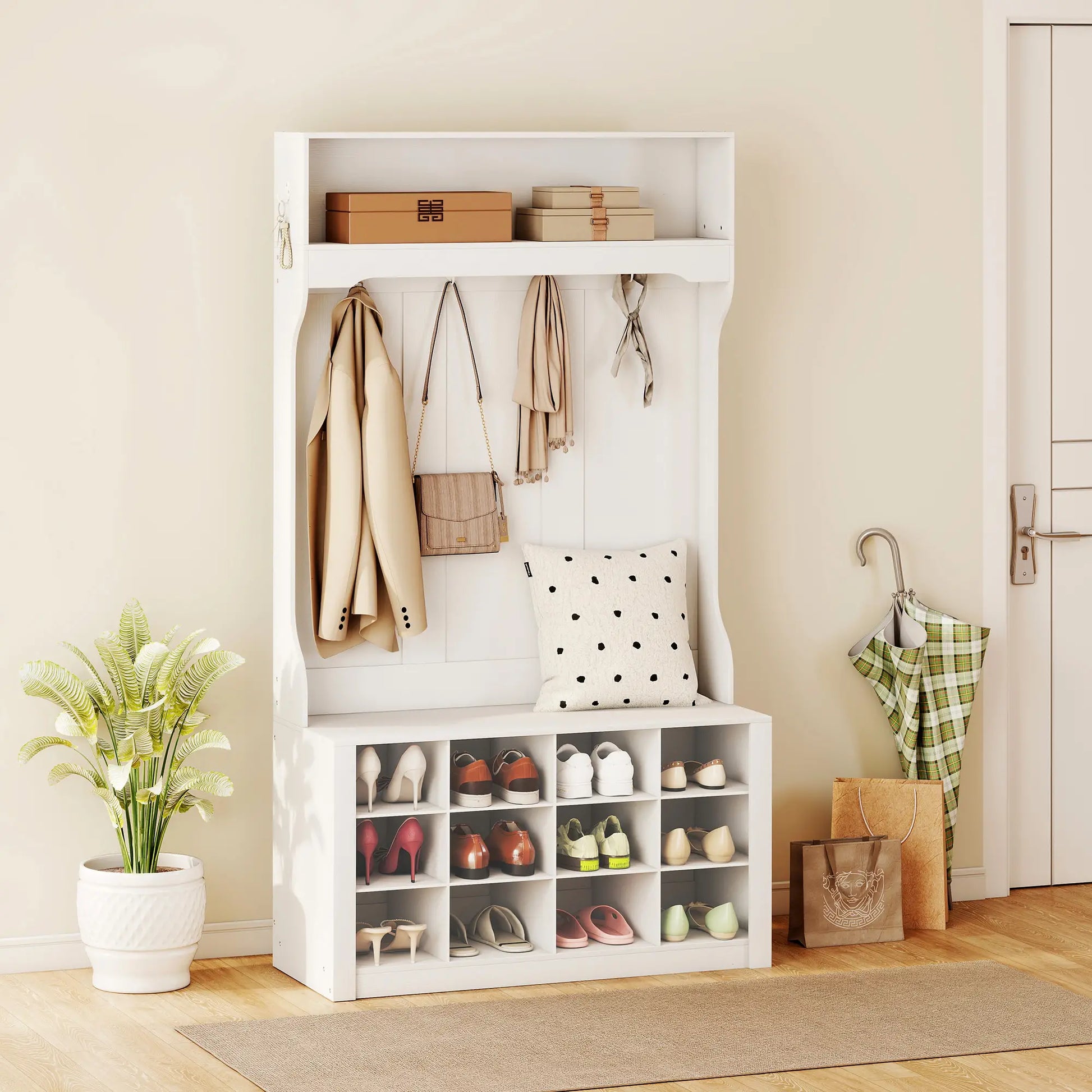 4-In-1 Hall Tree with Bench, Shoe Storage, 12 Cubbies, 6 Hooks, White Clothing Storage at Gallery Canada