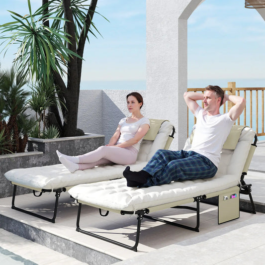 2-Piece Folding Lounge Chairs, Adjustable Backrest, Cushion, Side Pocket, Headrest, Beige Lounger Chairs Beige, Black at Gallery Canada