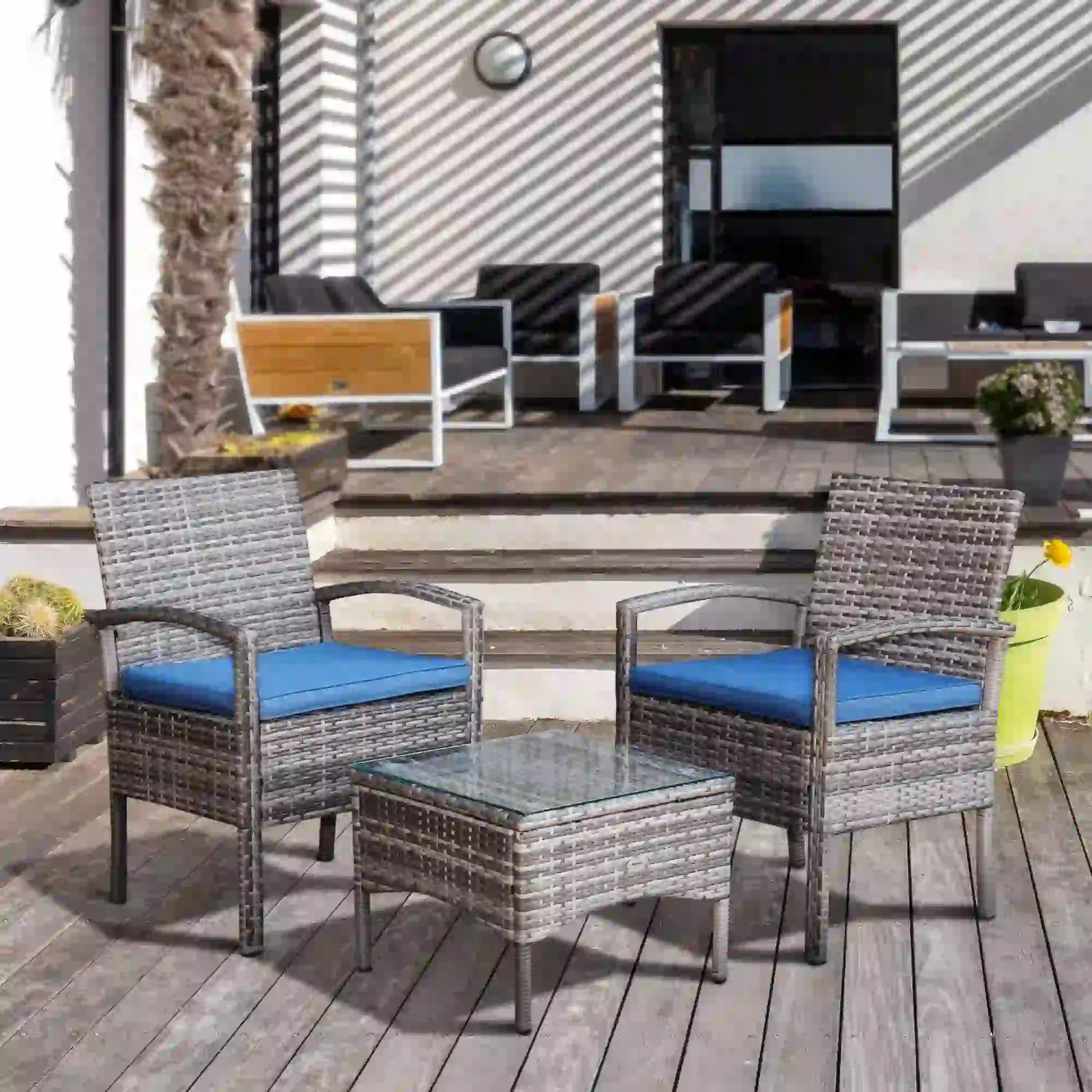 3-Piece Wicker Patio Set, Rattan Bistro with Coffee Table, Cushions, Blue Bistro Sets at Gallery Canada
