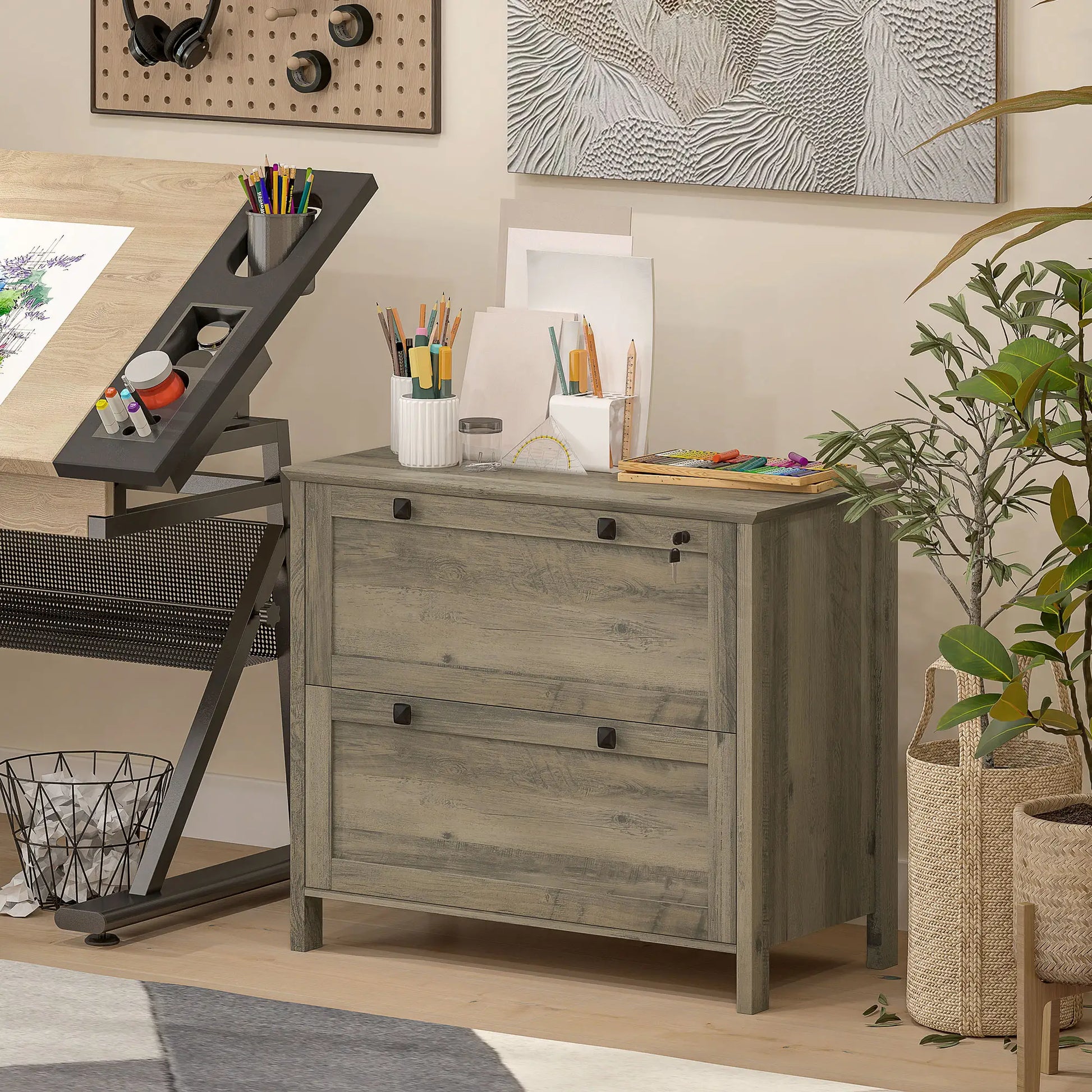 2 Drawer File Cabinet, Lockable, Adjustable Hanging Bar, Letter, A4 Size, Weathered Grey Oak Office Cabinets & Cupboards at Gallery Canada