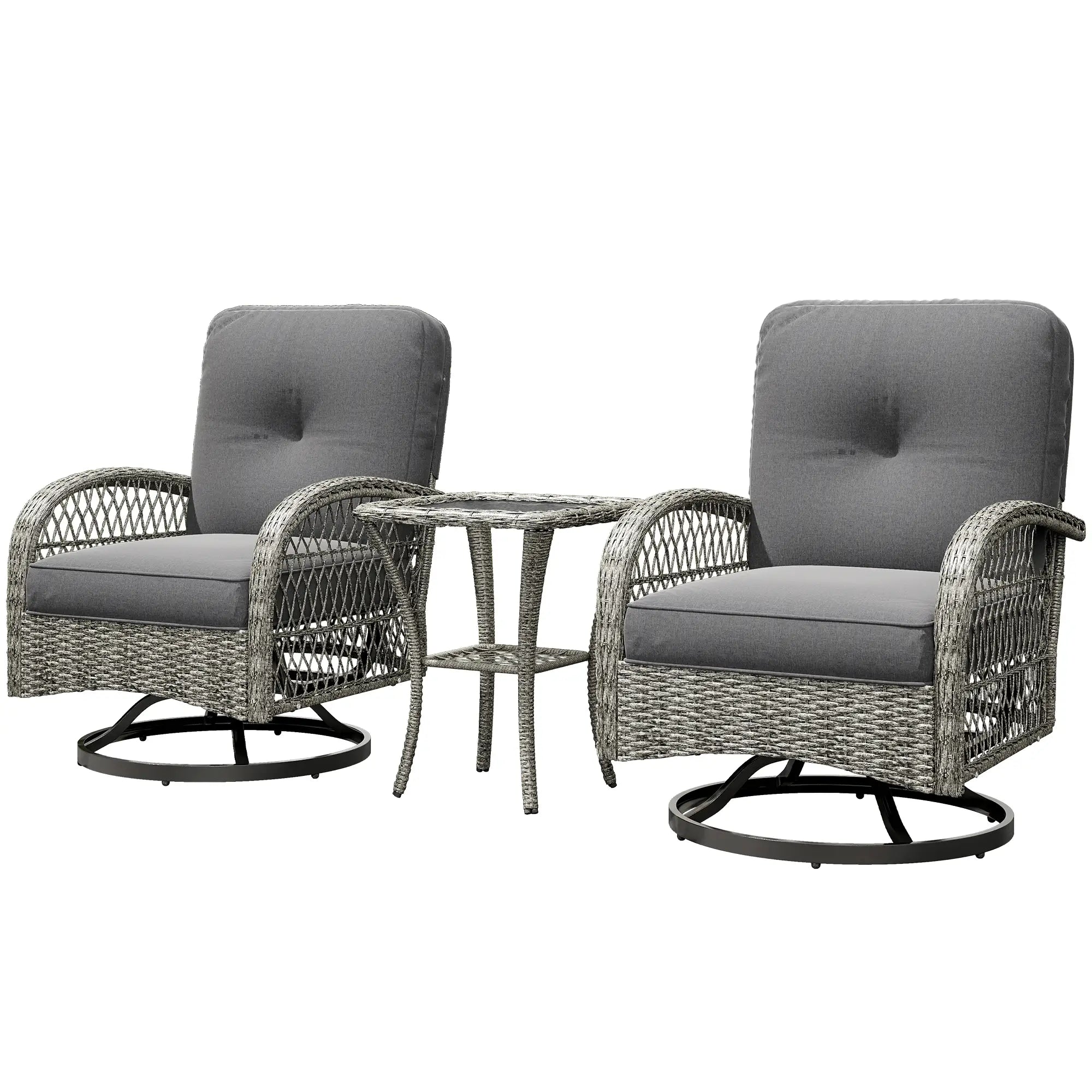 Wicker Balcony Furniture, 3 Piece Patio Set, 2 Swivel Rocking Chairs, 2-Tier Glass Coffee Table, Grey Bistro Sets Grey at Gallery Canada