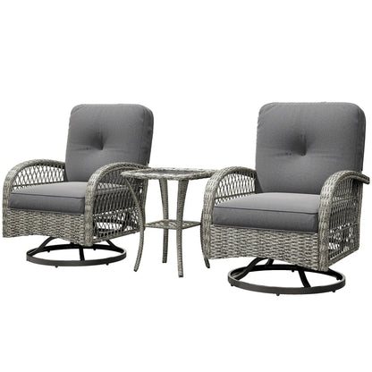 Wicker Balcony Furniture, 3 Piece Patio Set, 2 Swivel Rocking Chairs, 2-Tier Glass Coffee Table, Grey Bistro Sets Grey at Gallery Canada